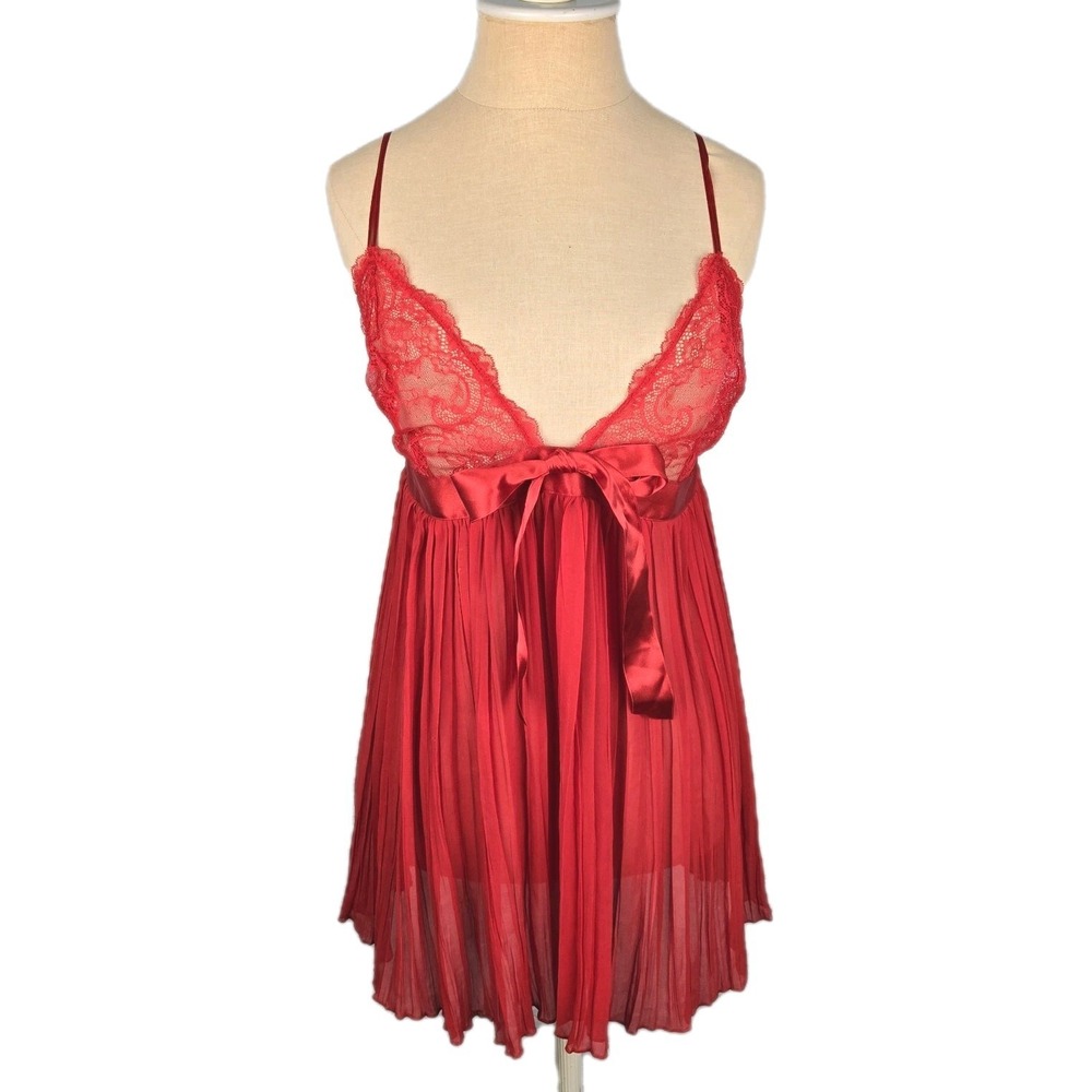Victoria's Secret Red Lace Pleated Babydoll Nightie Nightgown Size XL Bow Front